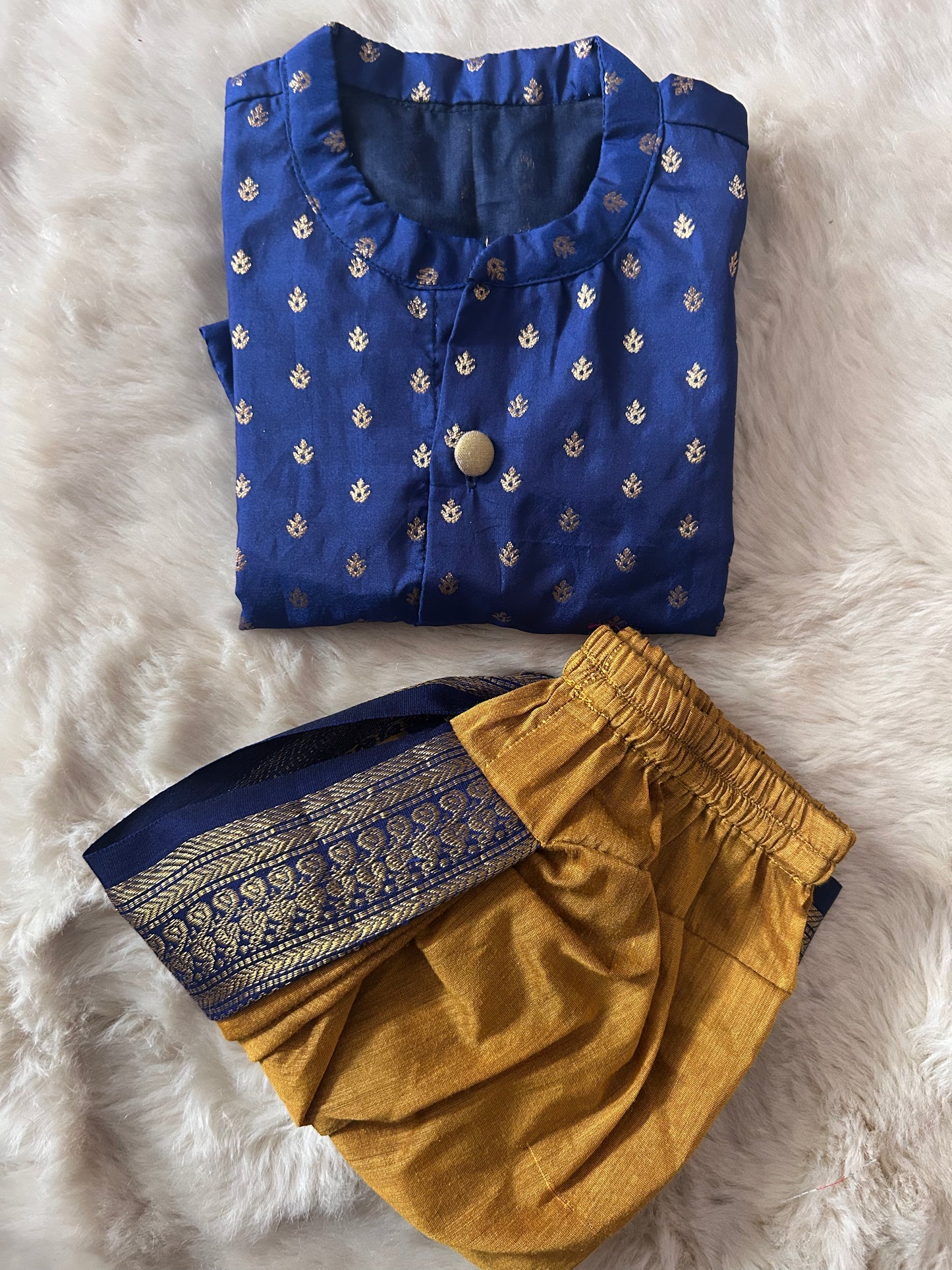 Blue with mustard yellow Cotton Silk Baby Boy Kurta Dhoti Set