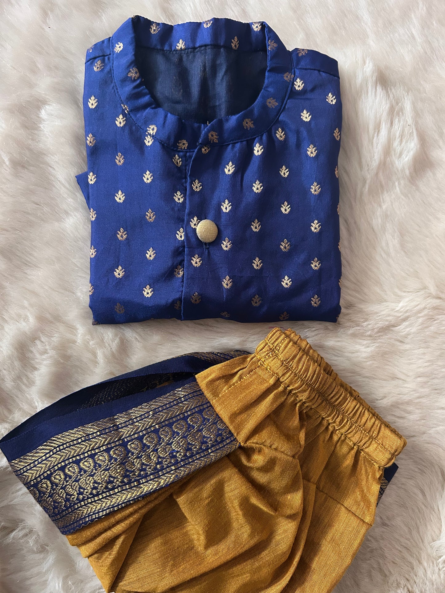 Blue with mustard yellow Cotton Silk Baby Boy Kurta Dhoti Set