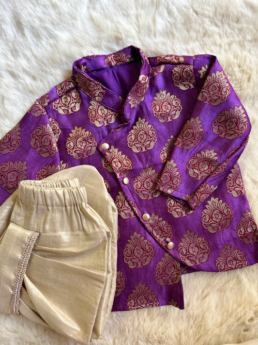 Artistic Purple Silk kurta with gold dhoti ethnic wear for baby boy