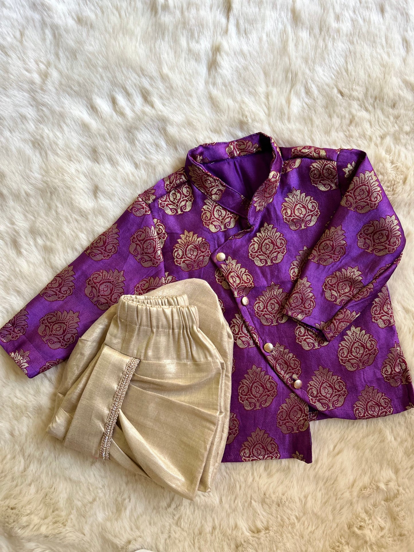 Artistic Purple Silk kurta with gold dhoti ethnic wear for baby boy