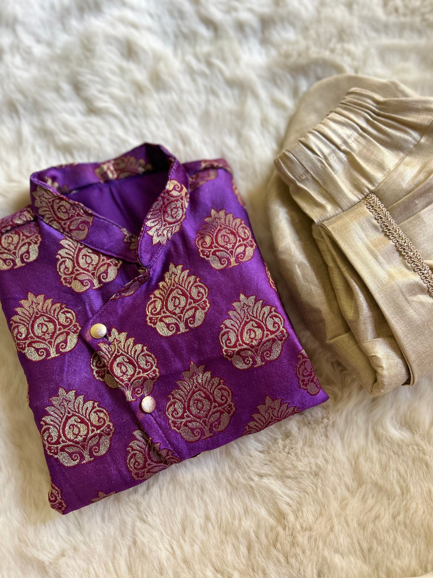 Artistic Purple Silk kurta with gold dhoti ethnic wear for baby boy