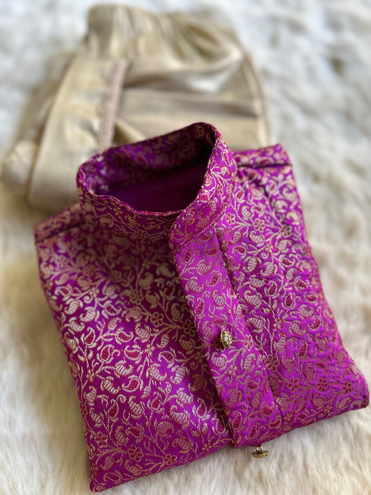 Pinkish purple and gold kurta dhoti pure silk set ethnic wear for baby boy