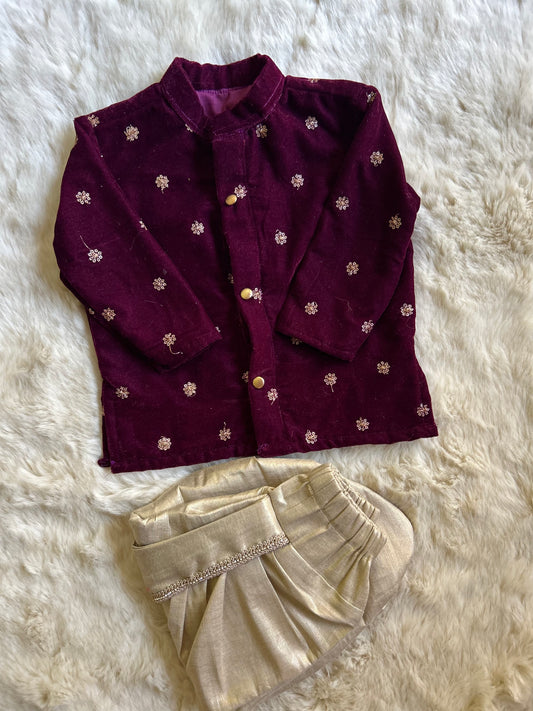 Velvet wine kurta and gold dhoti ethnic wear for baby boy