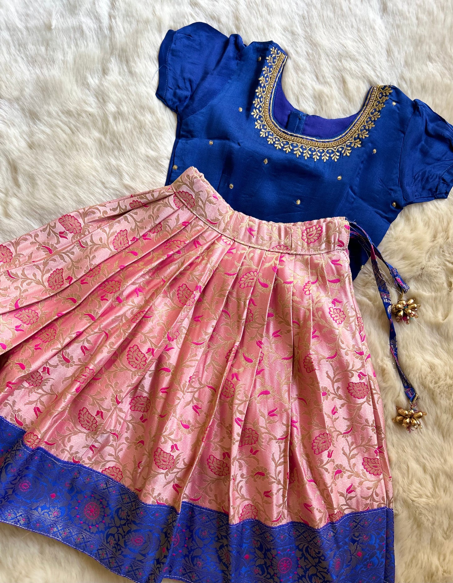 Blue and artistic pink buff sleeves silk south indian ethnic wear langa blouse for baby girl