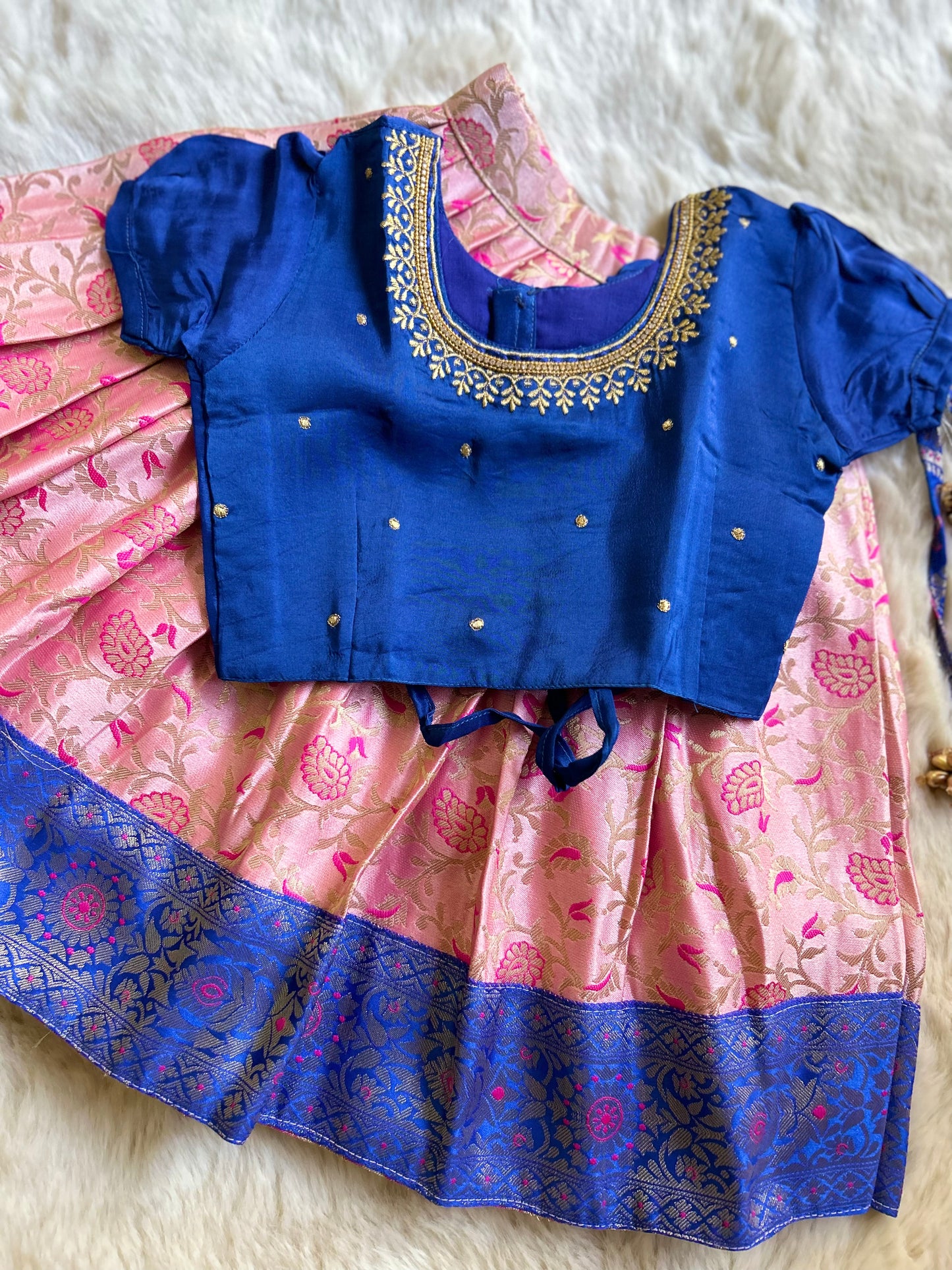 Blue and artistic pink buff sleeves silk south indian ethnic wear langa blouse for baby girl