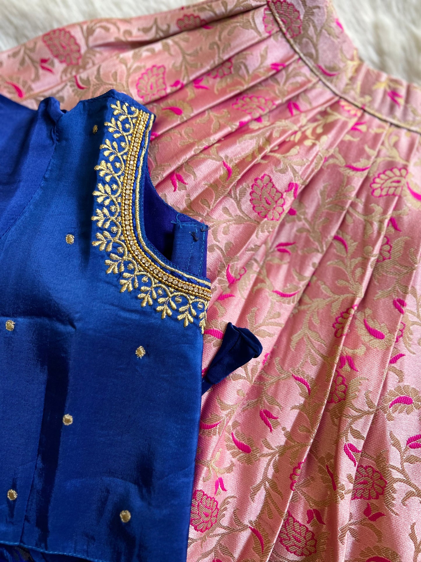 Blue and artistic pink buff sleeves silk south indian ethnic wear langa blouse for baby girl