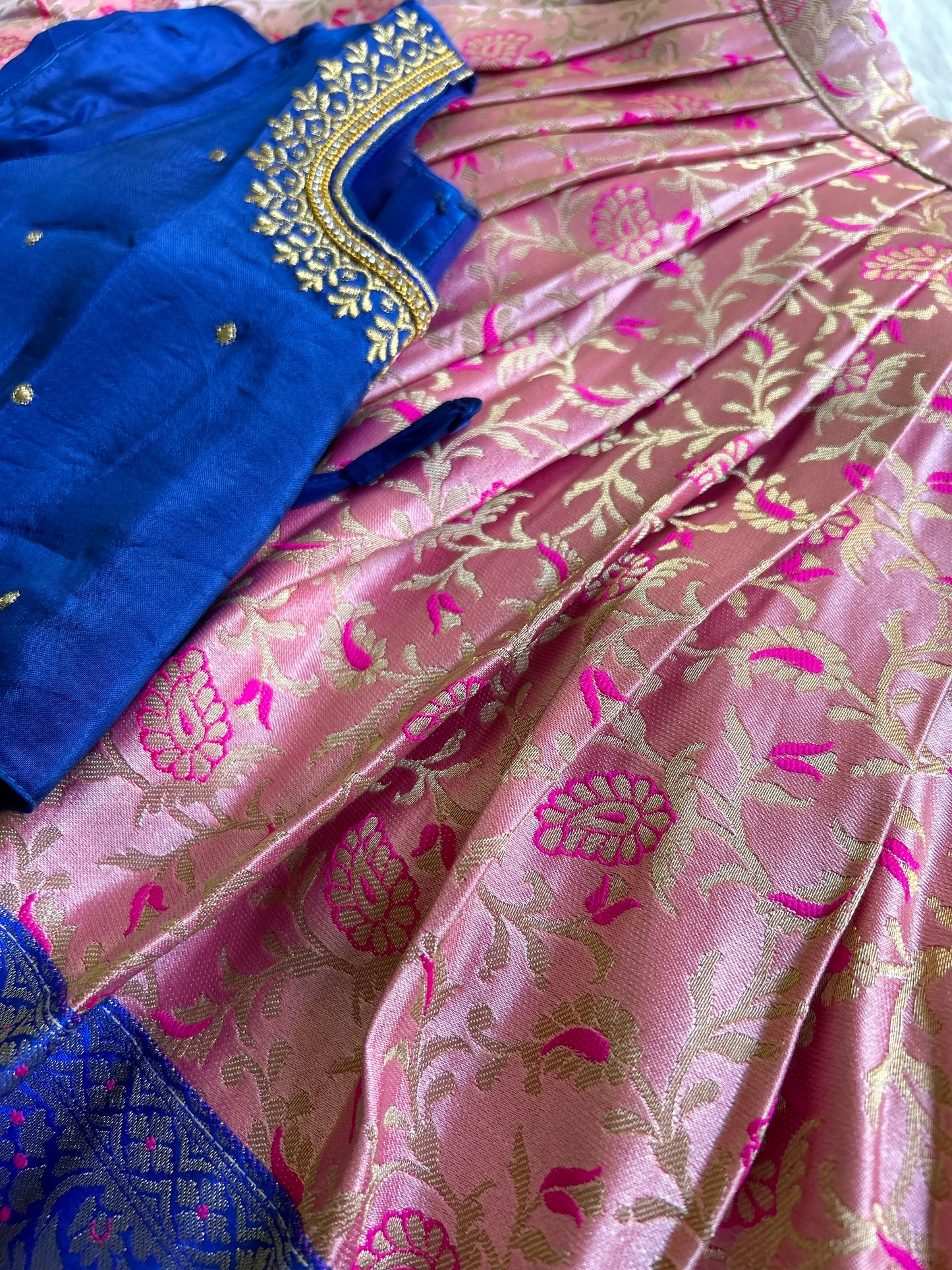 Blue and artistic pink buff sleeves silk south indian ethnic wear langa blouse for baby girl