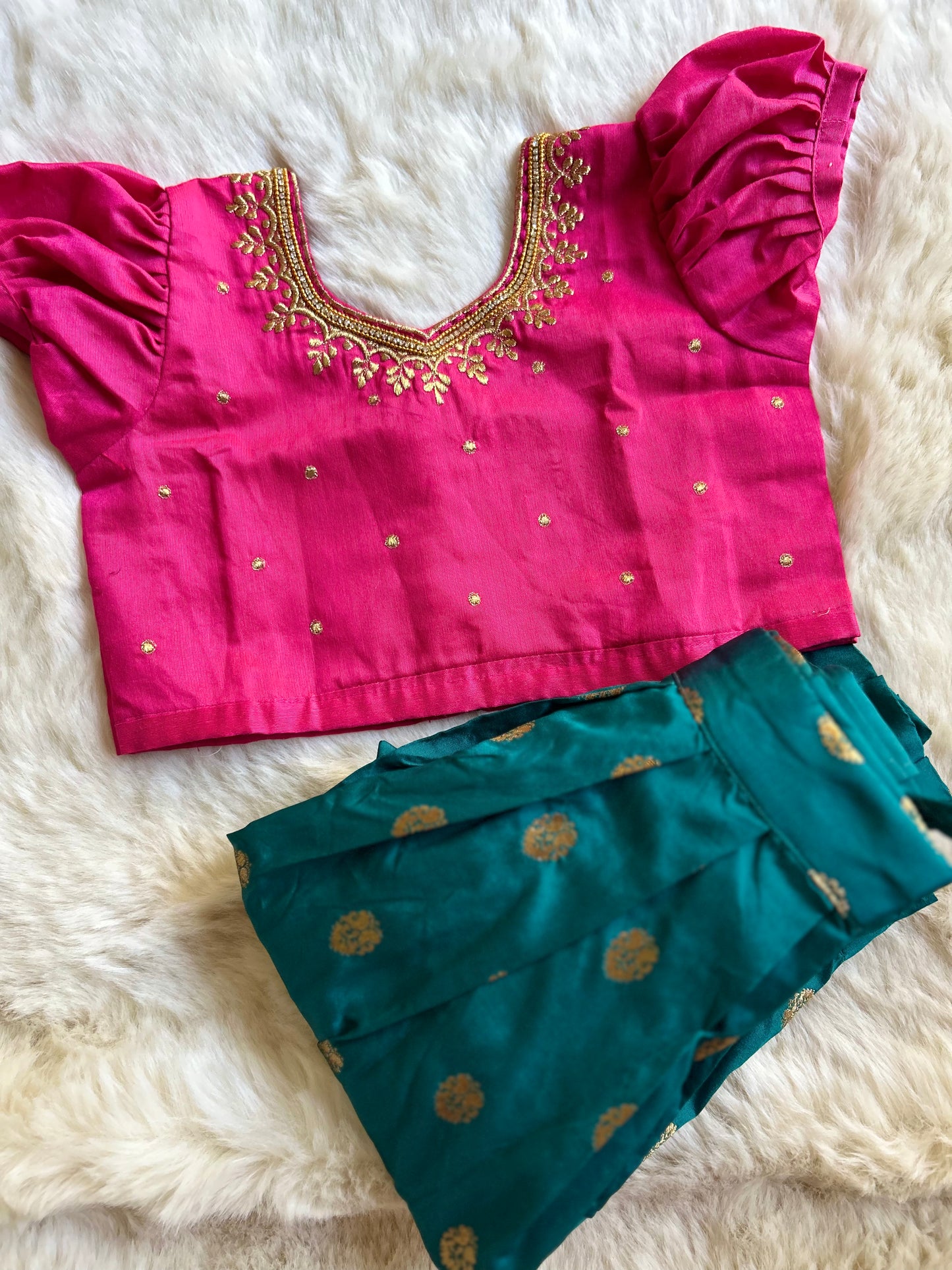 Pink and blue hue silk south indian ethnic wear langa blouse for baby girl