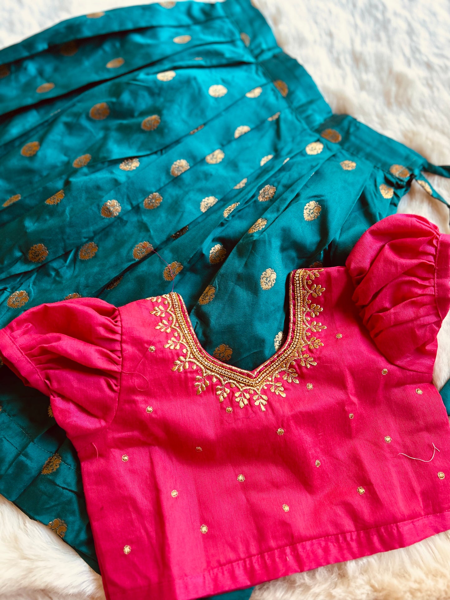 Pink and blue hue silk south indian ethnic wear langa blouse for baby girl