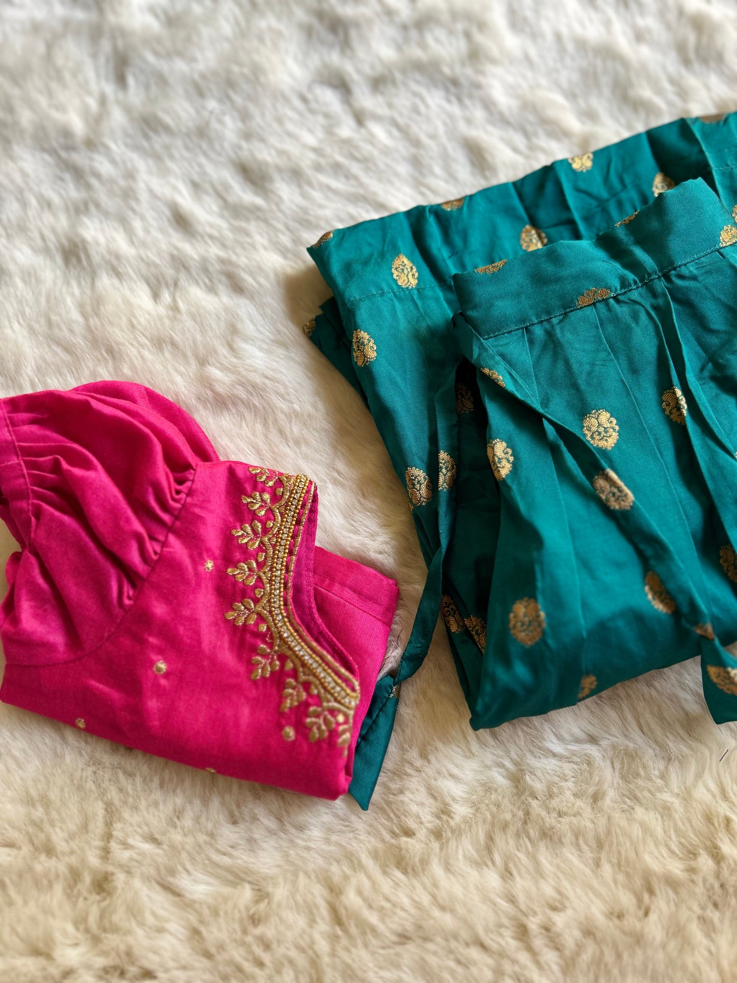 Pink and blue hue silk south indian ethnic wear langa blouse for baby girl