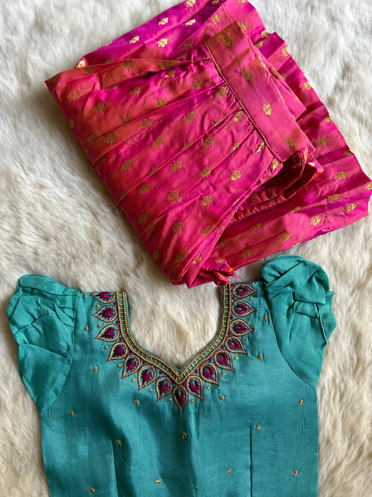 Sky Blue and pink hue silk south indian ethnic wear langa blouse for baby girl