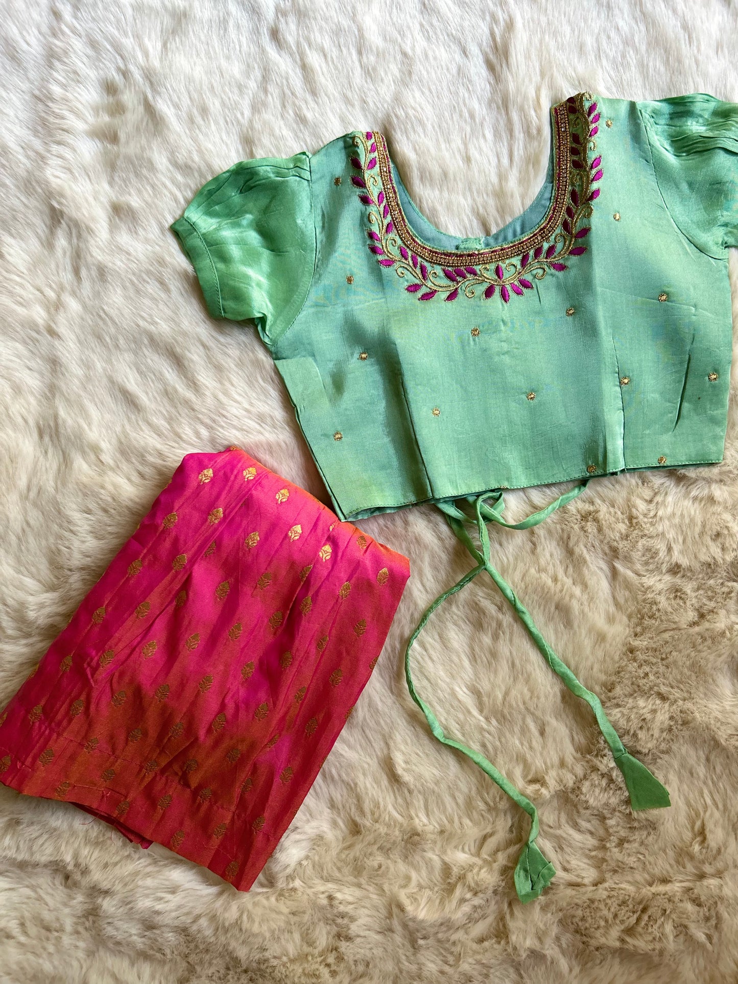Patel green and pink hue silk south indian ethnic wear langa blouse for baby girl