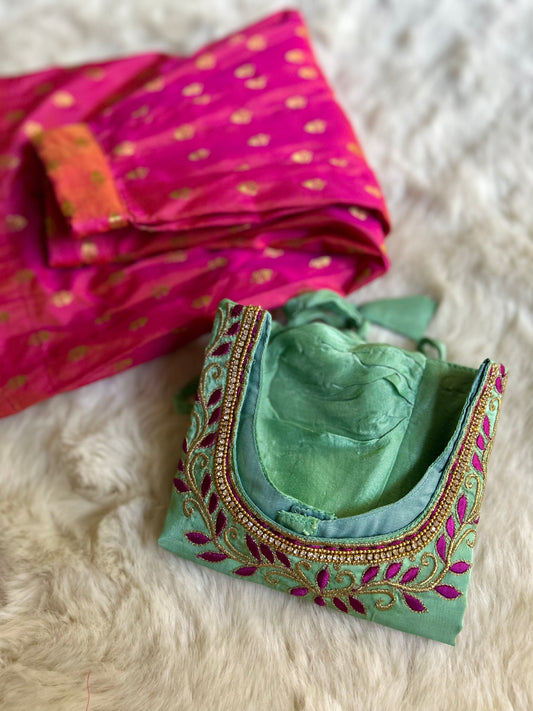 Patel green and pink hue silk south indian ethnic wear langa blouse for baby girl