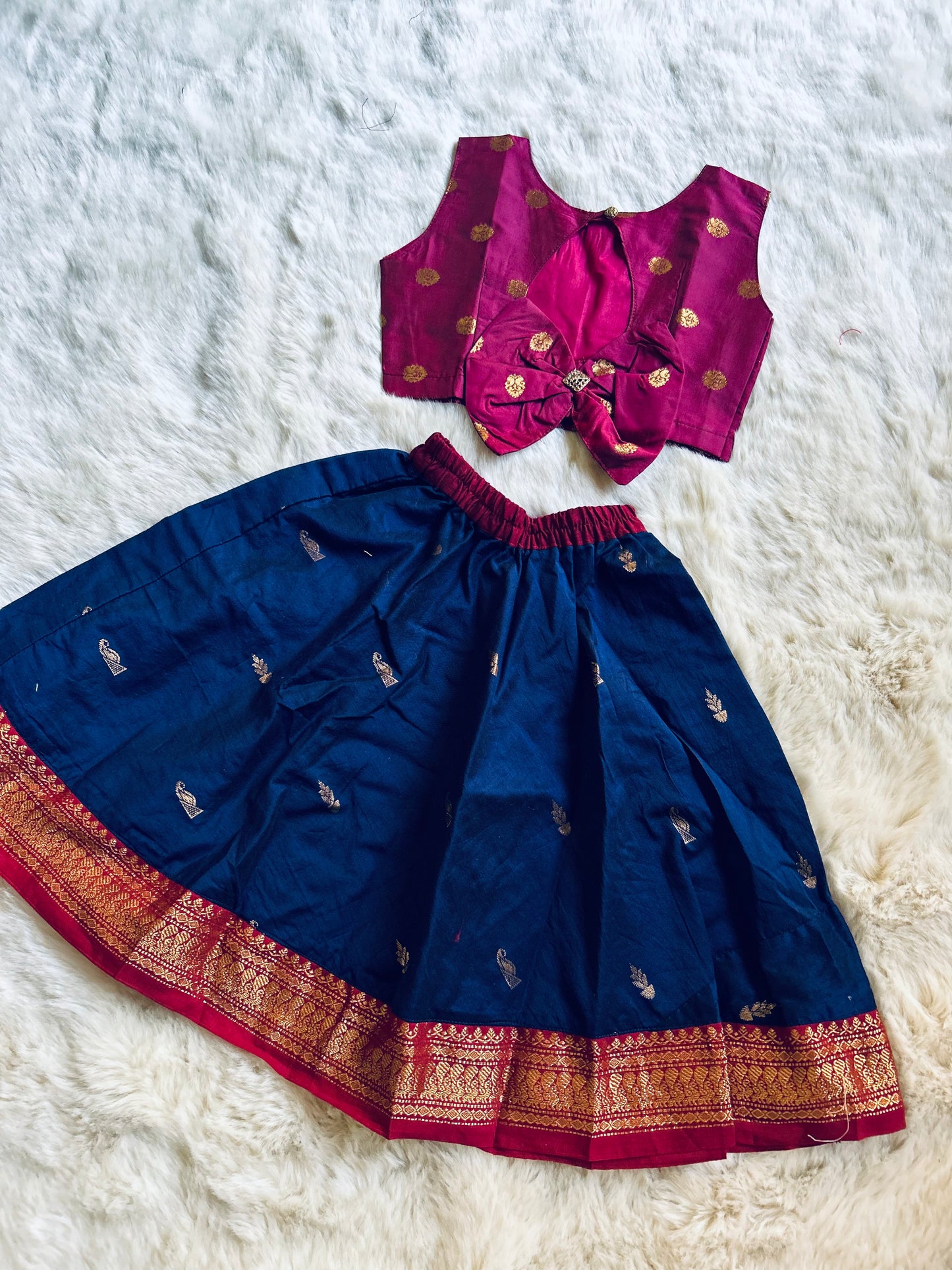 Kumkum pink and dark blue designer bow langa blouse for baby girl