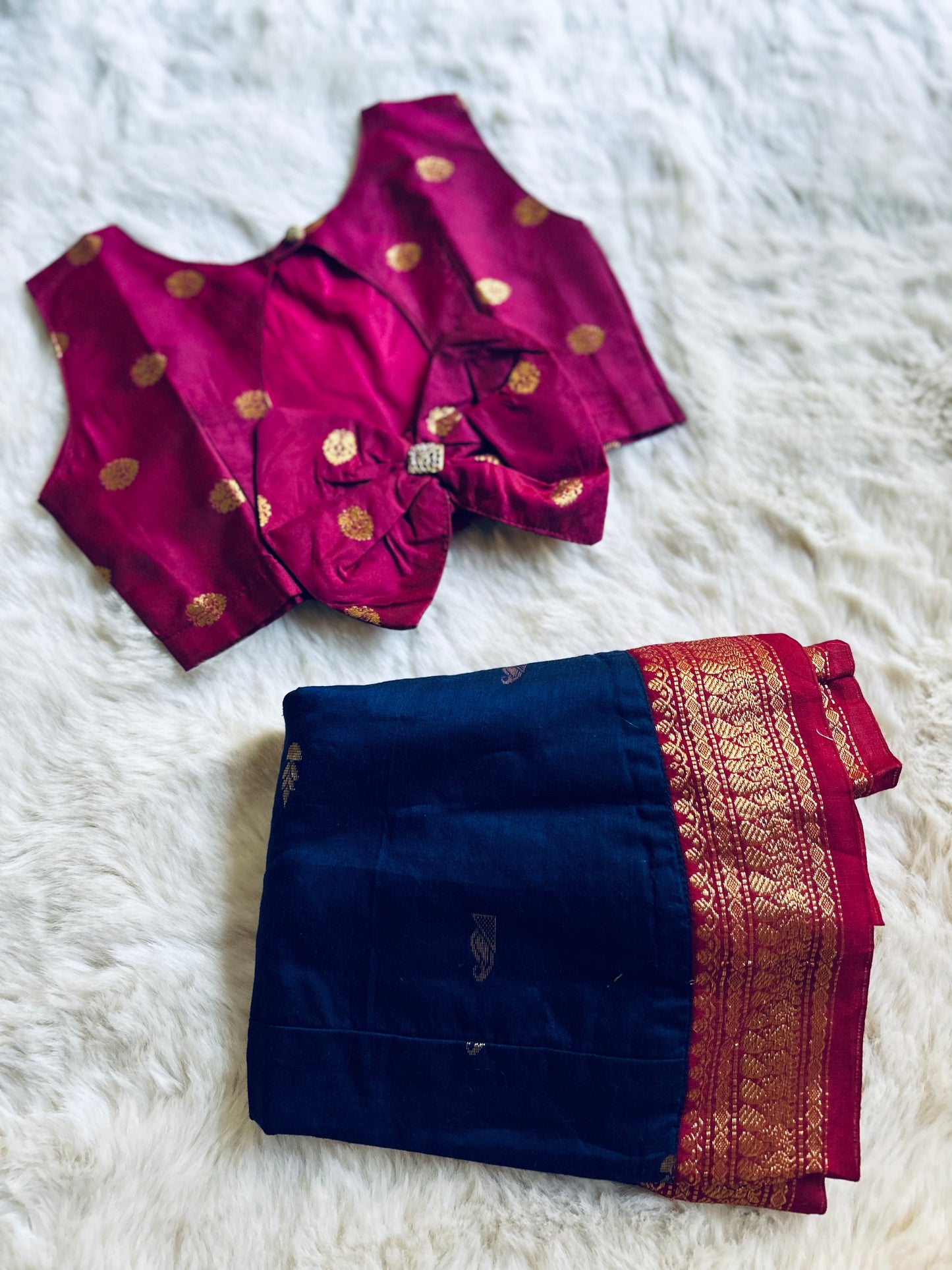 Kumkum pink and dark blue designer bow langa blouse for baby girl