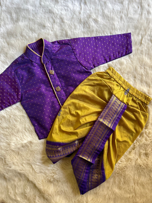 Purple with banana yellow shade kurta dhoti ethnic wear for baby boy