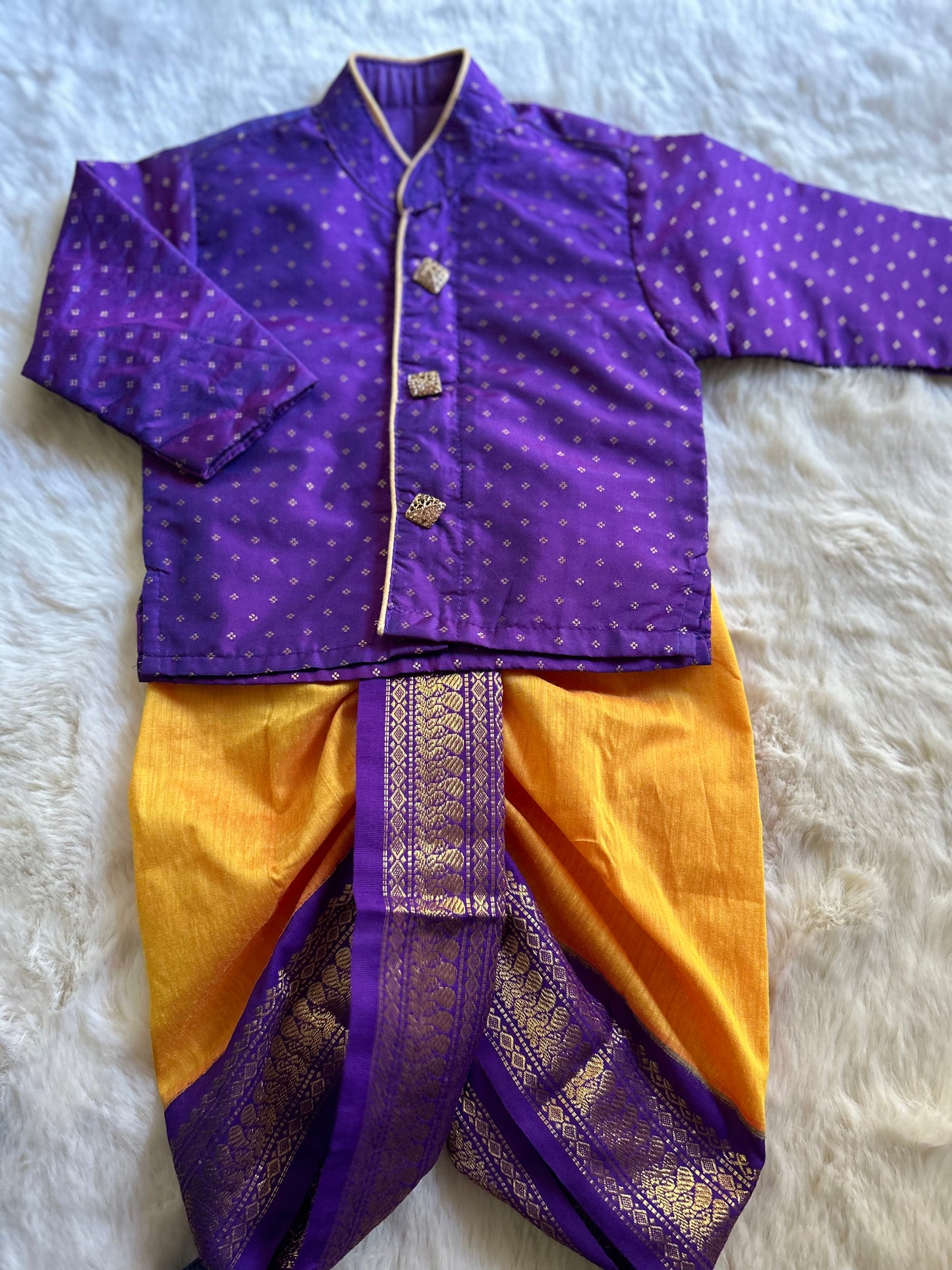 Purple with mango yellow shade kurta dhoti ethnic wear for baby boy