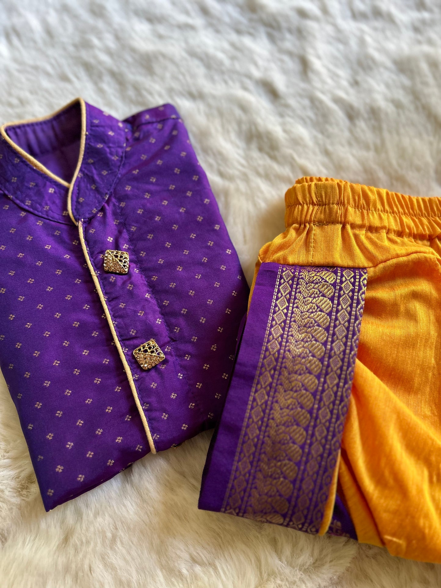 Purple with mango yellow shade kurta dhoti ethnic wear for baby boy