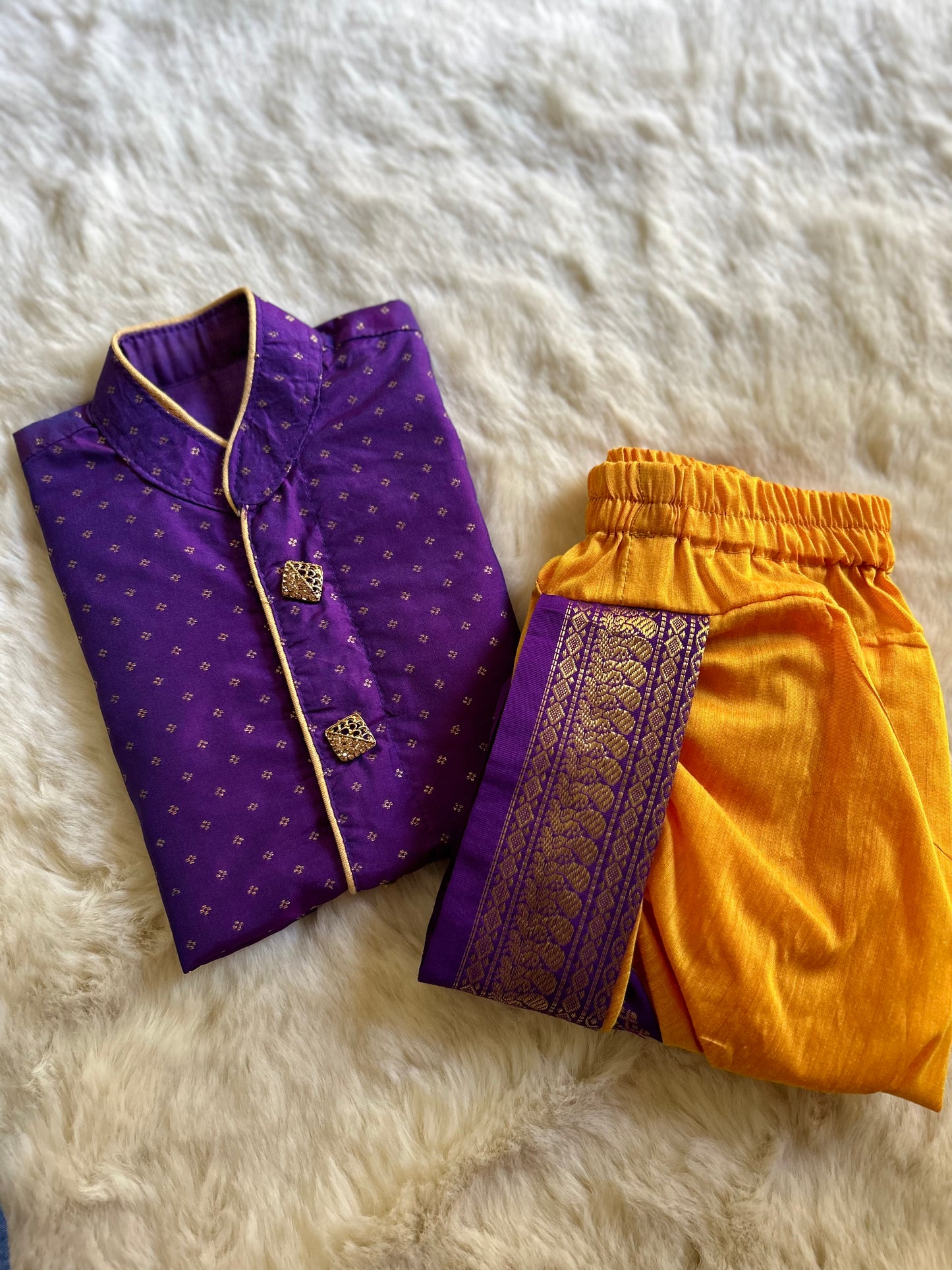 Purple with mango yellow shade kurta dhoti ethnic wear for baby boy