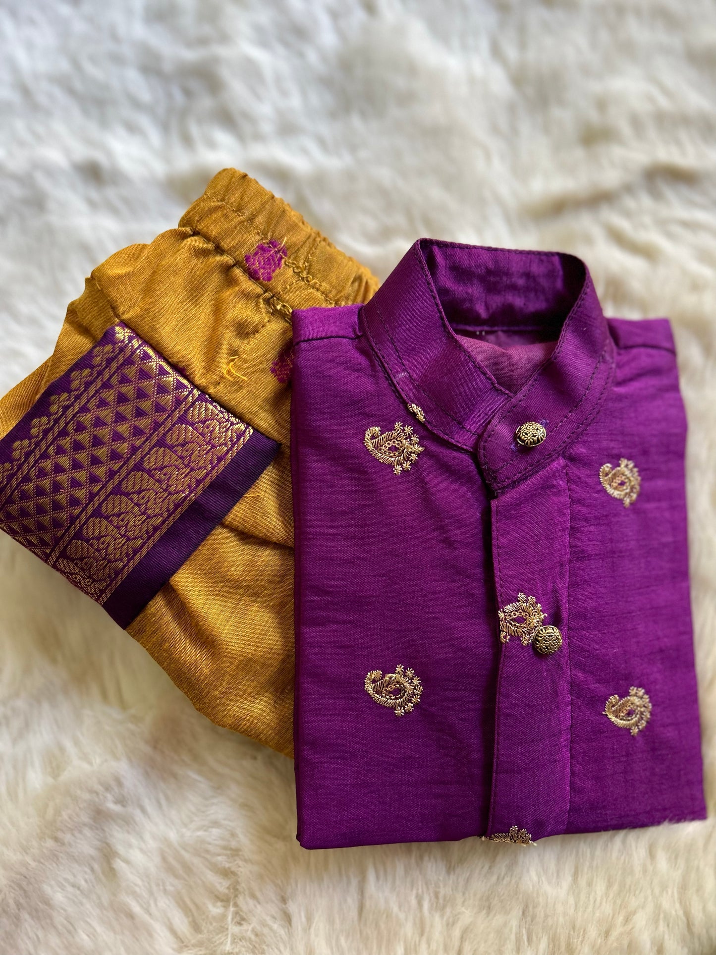 Honey yellow and wine embroidered kurta dhoti ethnic dress for baby boy