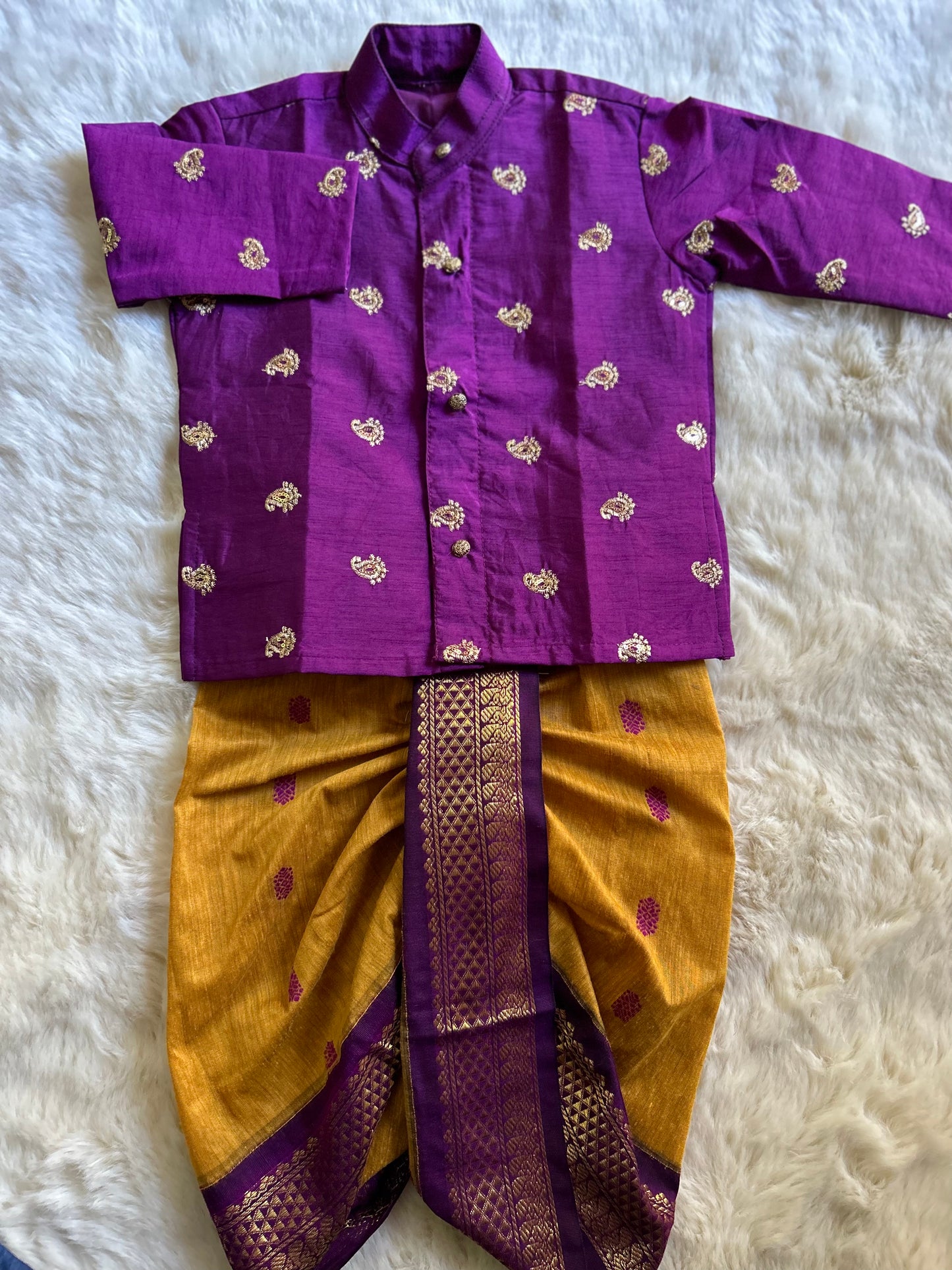 Honey yellow and wine embroidered kurta dhoti ethnic dress for baby boy