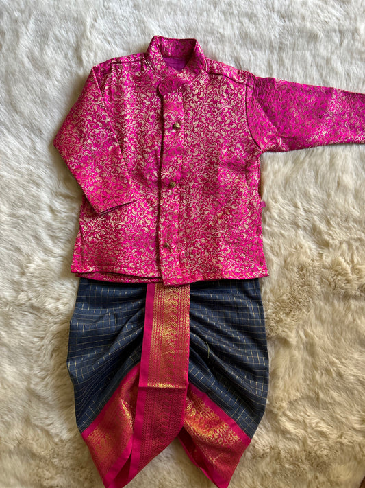 Embroidered Pink banarasi kurta with dull blue checked cotton silk dhoti ethnic dress for baby boy