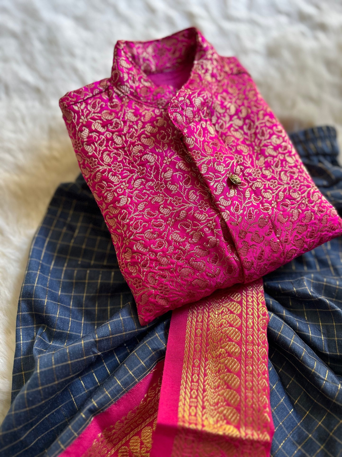 Embroidered Pink banarasi kurta with dull blue checked cotton silk dhoti ethnic dress for baby boy