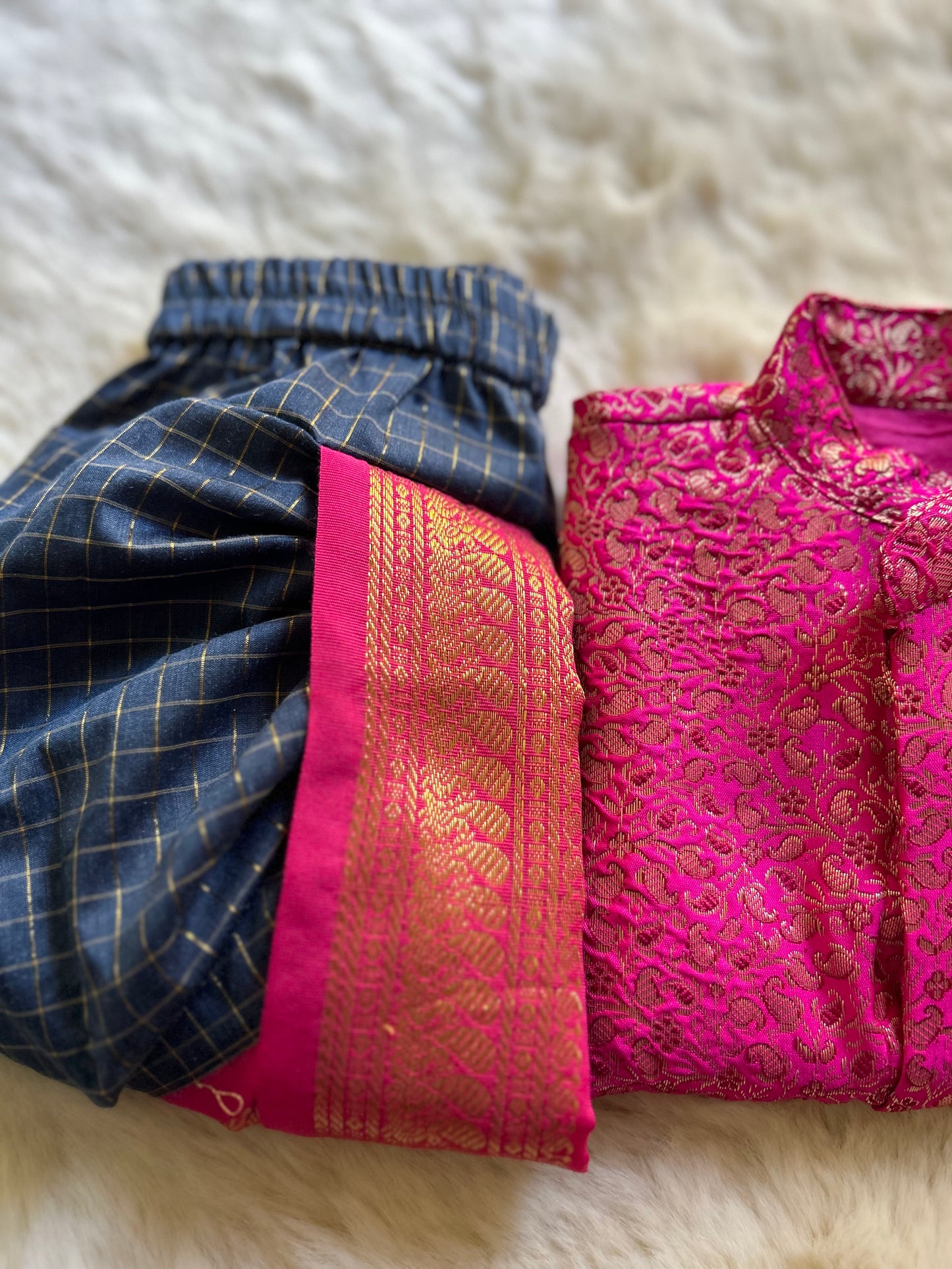 Embroidered Pink banarasi kurta with dull blue checked cotton silk dhoti ethnic dress for baby boy