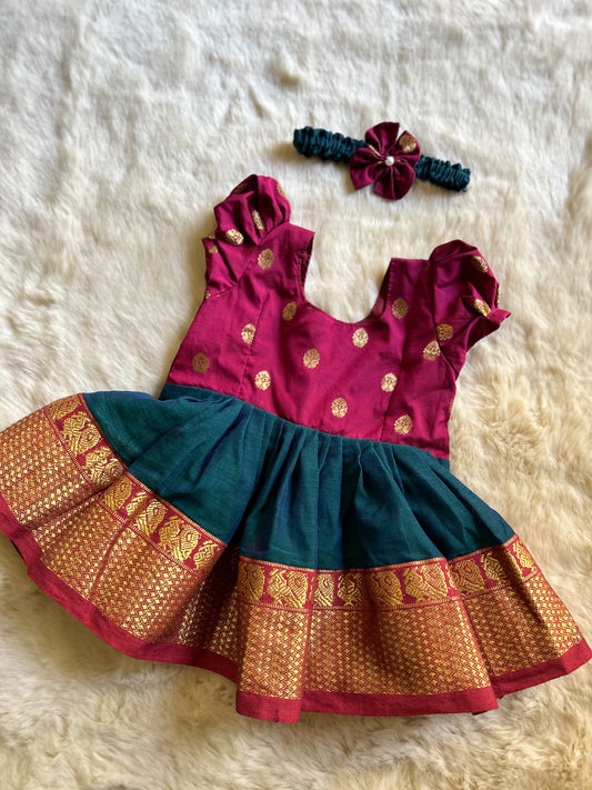 Maroon and blue vintage Silk ethnic wear for baby girl with buff sleeves