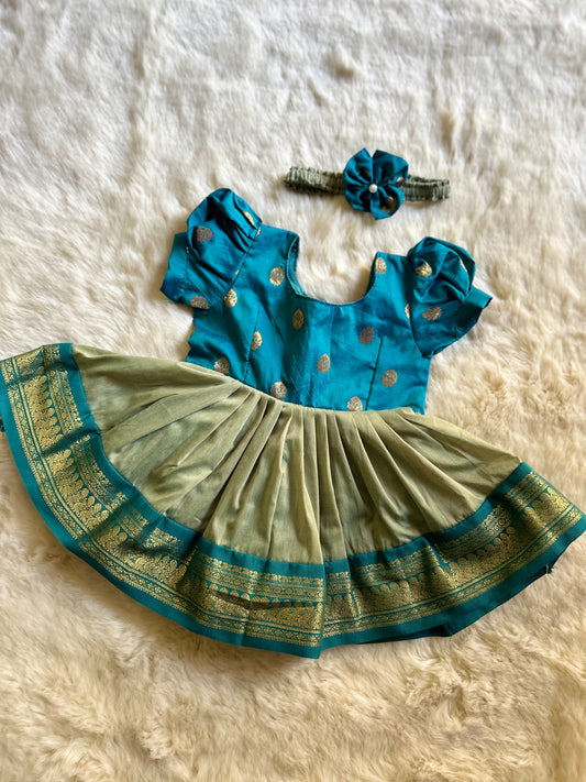 Sky Blue and dual thread vintage ethnic wear for baby girl with buff sleeves