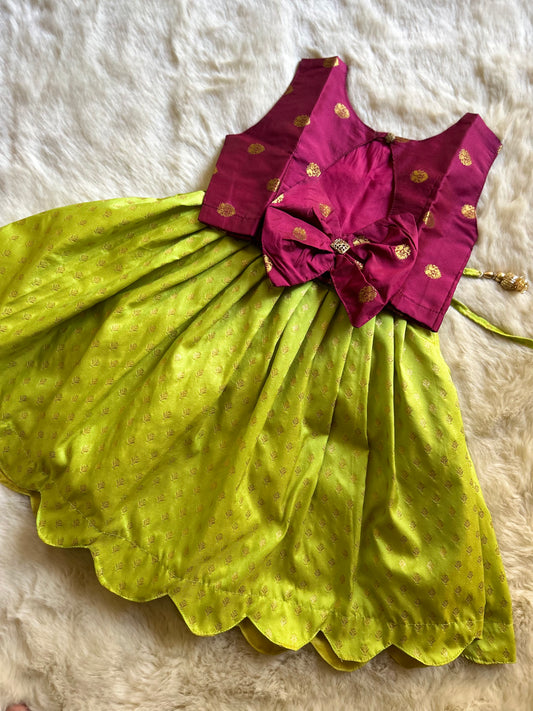 Kumkum pink and parrot green premium silk designer bow langa blouse for baby girl