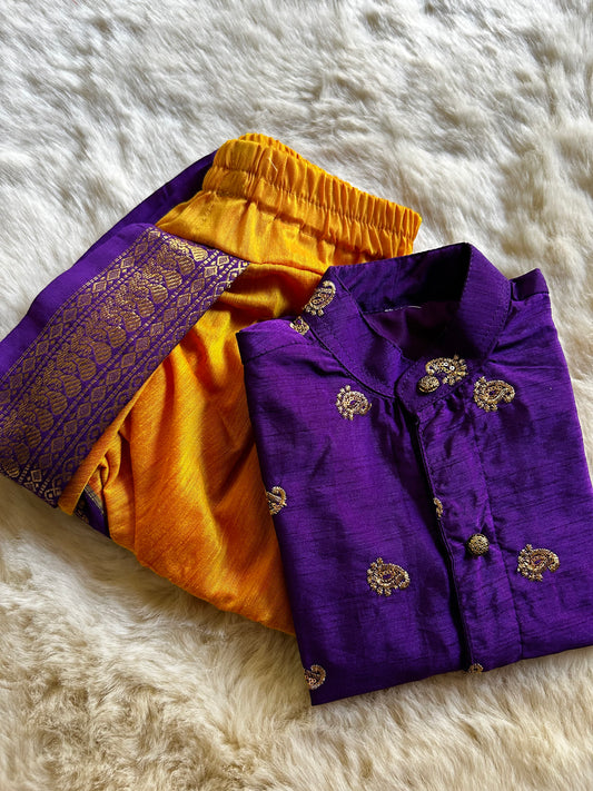 Mango Embroidered purple with mango yellow shade kurta dhoti ethnic wear for baby boy