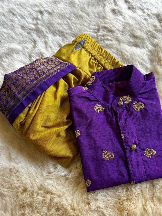 Mango Embroidered Purple with banana yellow shade kurta dhoti ethnic wear for baby boy