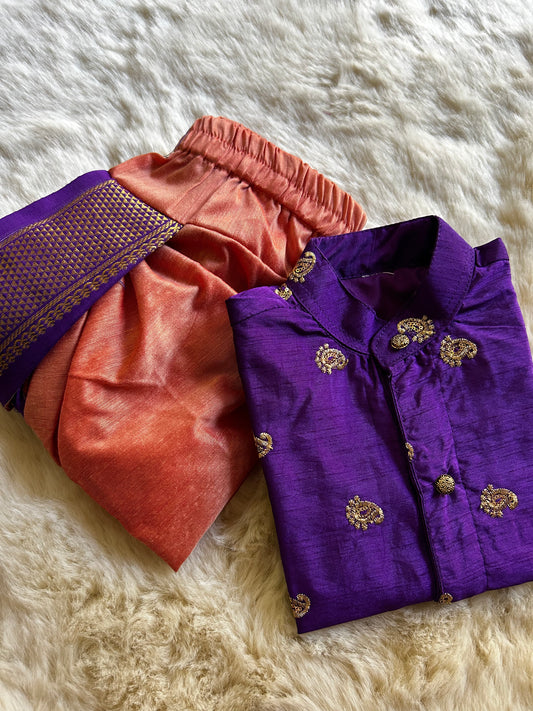 Mango Embroidered Purple with salmon pink shade kurta dhoti ethnic wear for baby boy