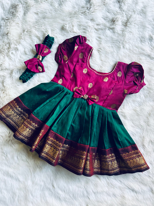 Maroon and Green - Kanchi Cotton Silk Ethnic Wear for Baby Girl