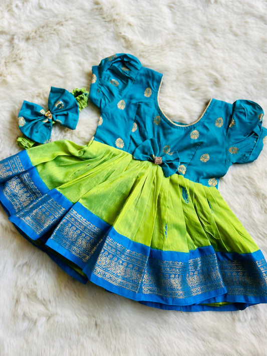 Sky Blue and Bright Green - Kanchi Cotton Silk Ethnic Wear for Baby Girl