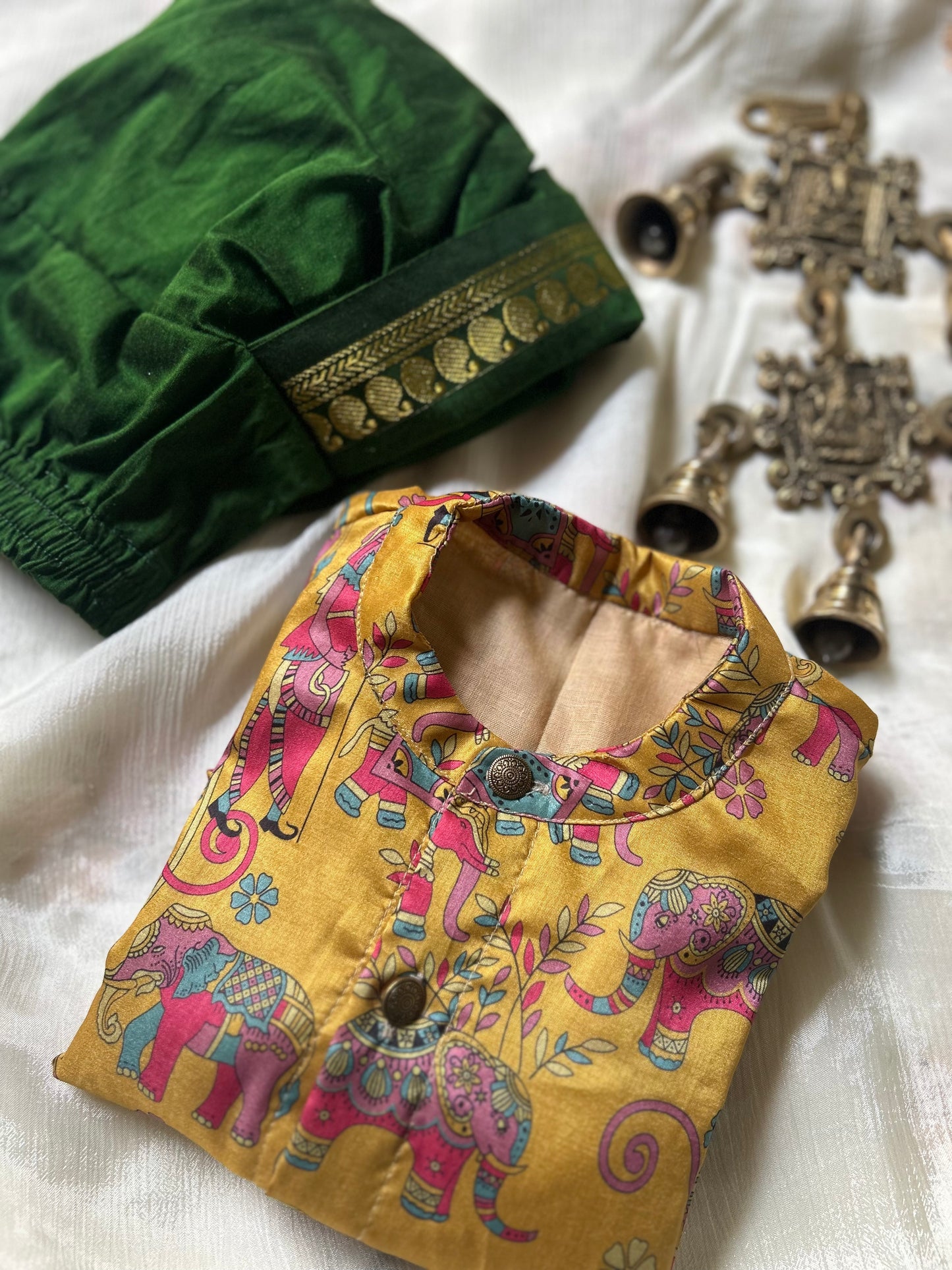 Traditional Indian Yellow Aane Print Baby Boy Silk Kurta Green Dhoti Set