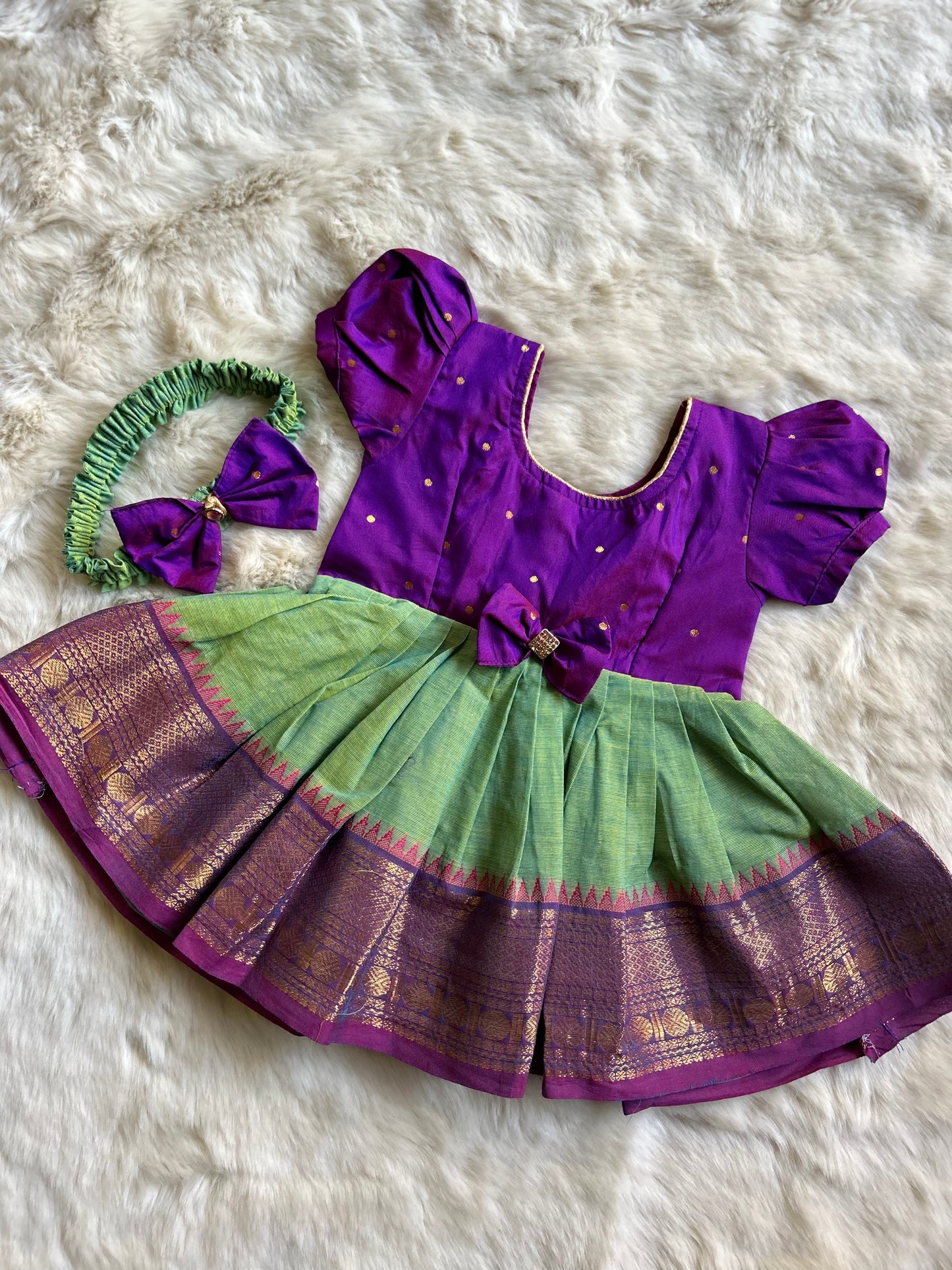 Purple Dual Tone and Pleasant Green - Kanchi Cotton Silk Ethnic Wear for Baby Girl