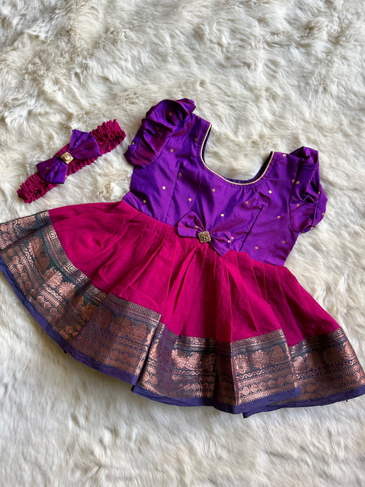 Purple Dual Tone and Kumkum Pink - Kanchi Cotton Silk Ethnic Wear for Baby Girl