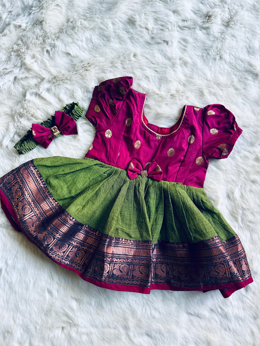 Winish Pink and Algae Green - Kanchi Cotton Silk Ethnic Wear for Baby Girl