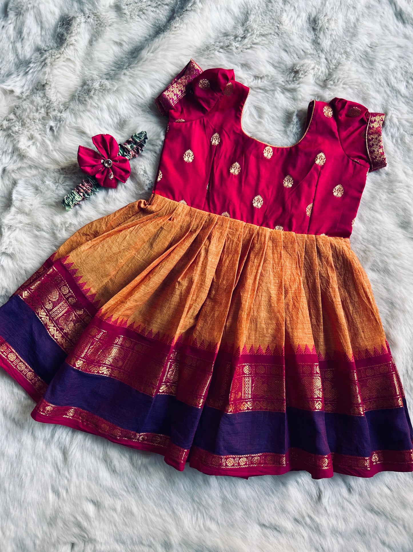 Pink and Turmeric Yellow Kanchi Cotton Silk Ethnic Wear for Baby Gir