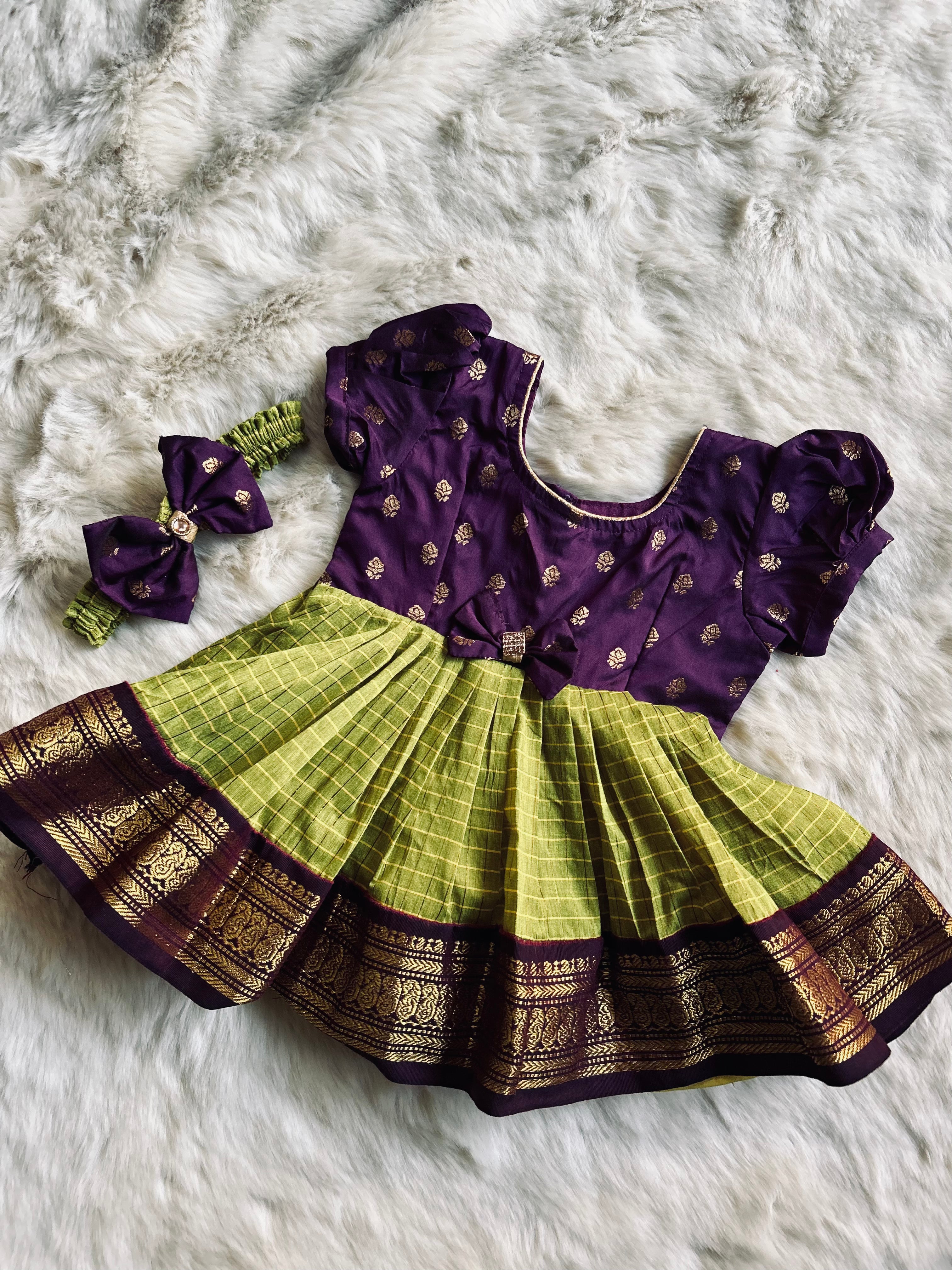 Wine and Checked Green - Kanchi Cotton Silk Ethnic Wear for Baby Girl