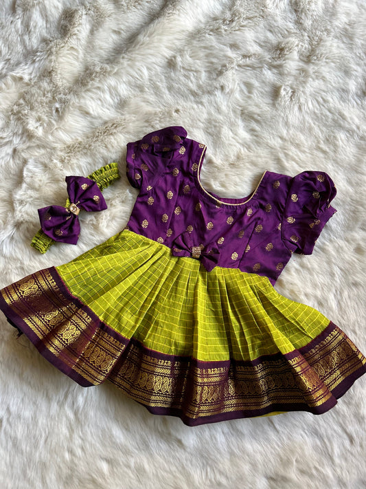 Wine and Checked Green - Kanchi Cotton Silk Ethnic Wear for Baby Girl