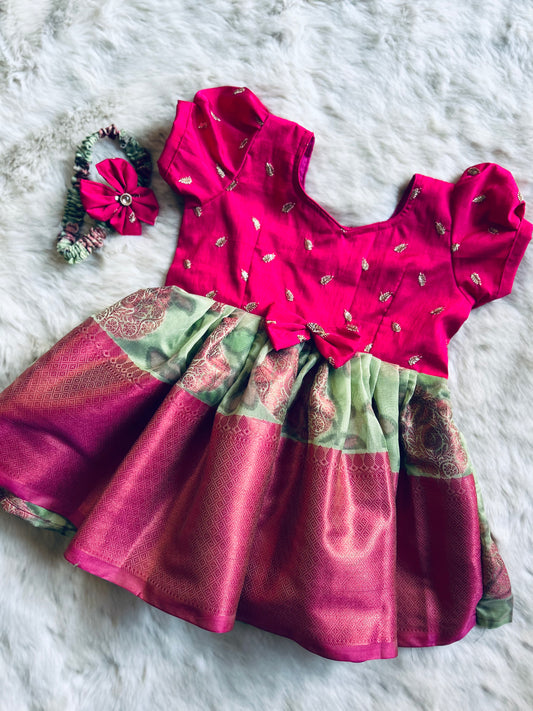 Pink and Nature Green - Pochampalli Silk Ethnic Wear for Baby Girl