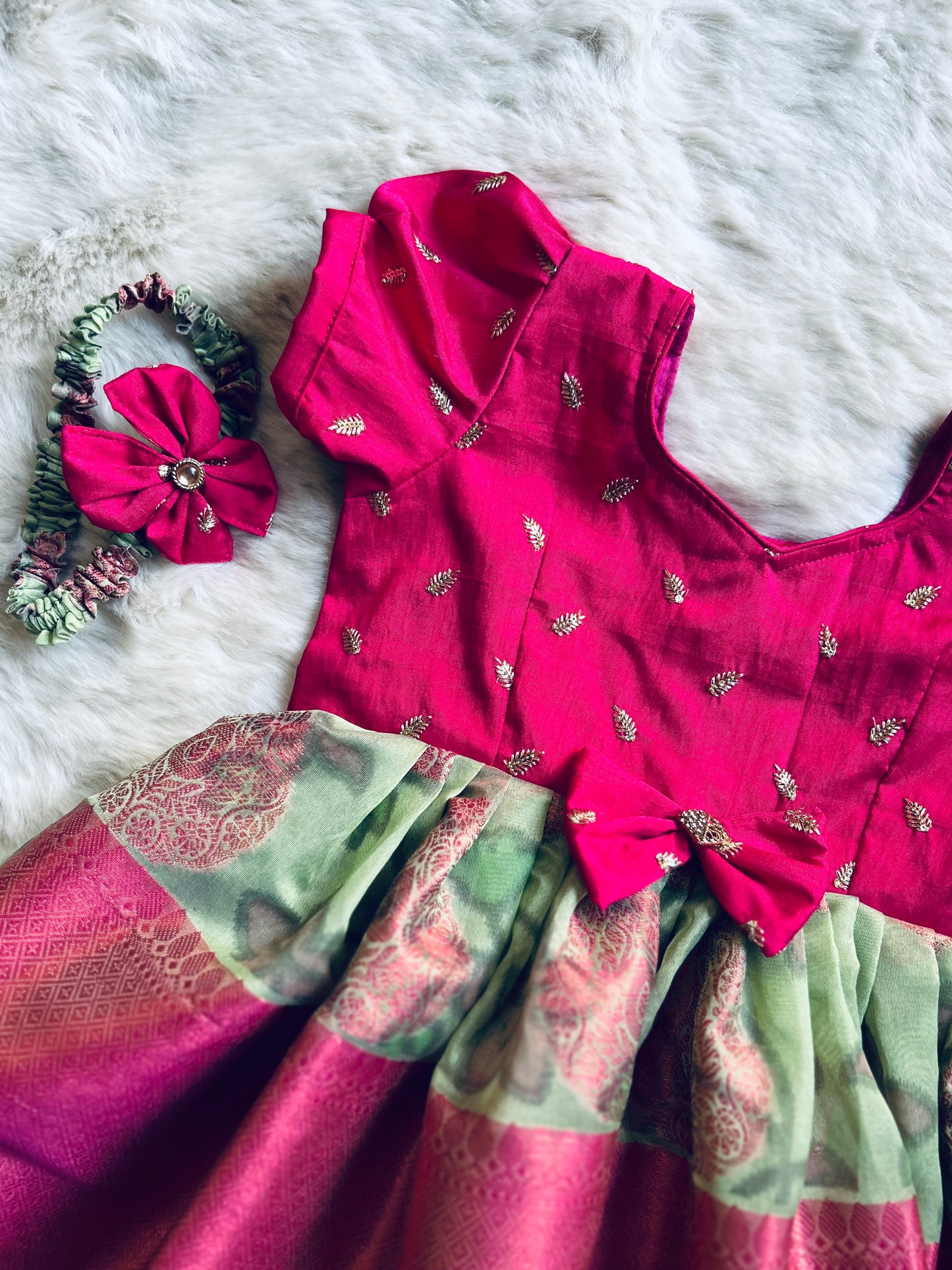 Pink and Nature Green - Pochampalli Silk Ethnic Wear for Baby Girl