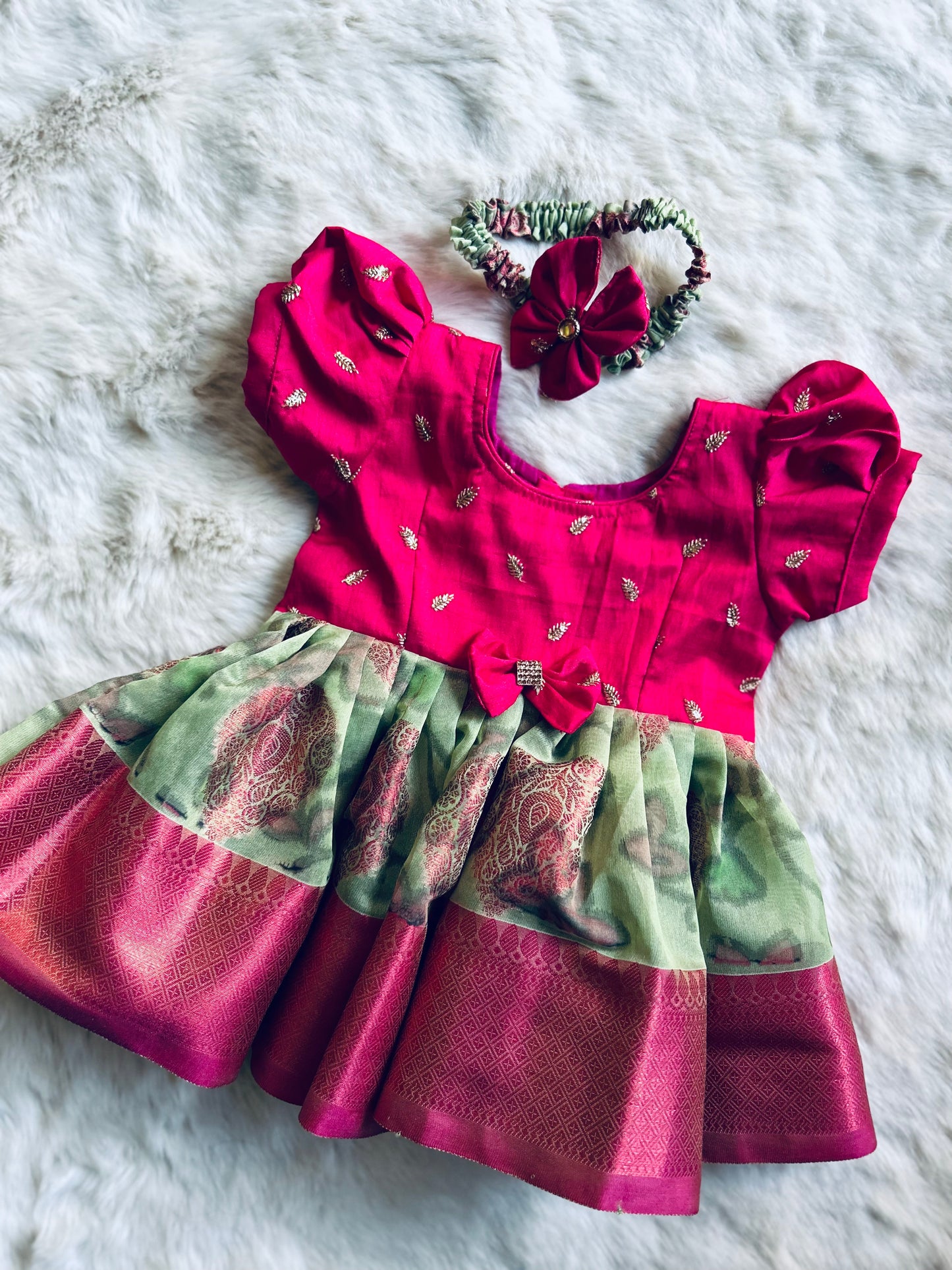 Pink and Nature Green - Pochampalli Silk Ethnic Wear for Baby Girl