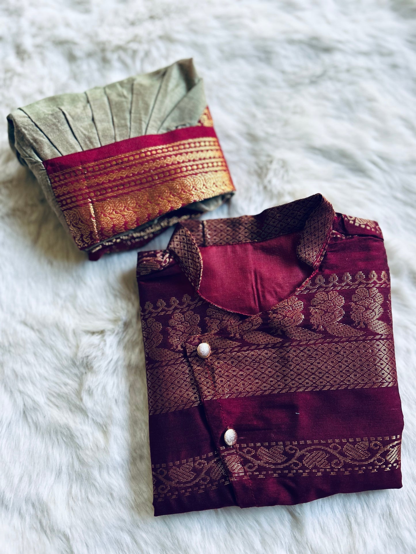 Sleeveless Zari Maroon Kurta with Saraswati Green Dhoti ethnic wear for baby boy