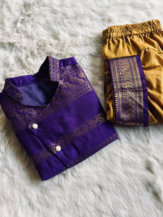 Purple with mustard sleeveless kurta dhoti ethnic wear for baby boy