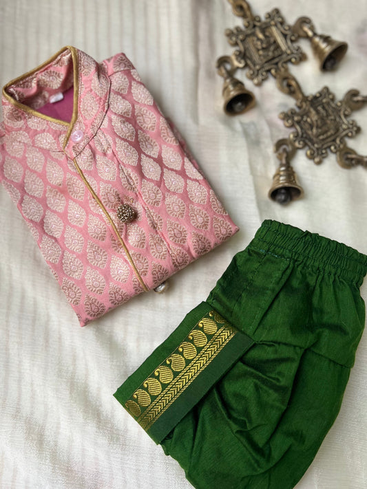 Baby Pink Banarasi Silk Baby Boy Kurta Green Dhoti Set