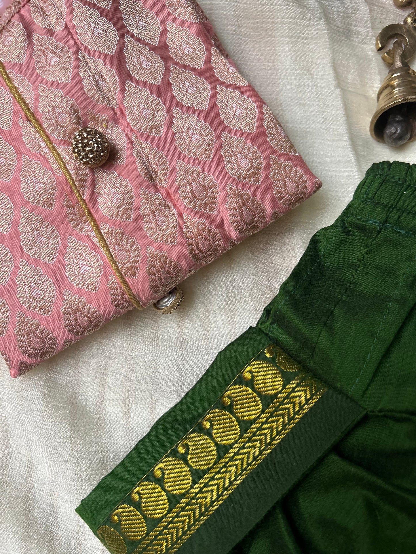 Baby Pink Banarasi Silk Baby Boy Kurta Green Dhoti Set